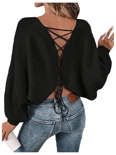 RoseSeek Women's Off Shoulder Lace Up Open Back Sweaters Long